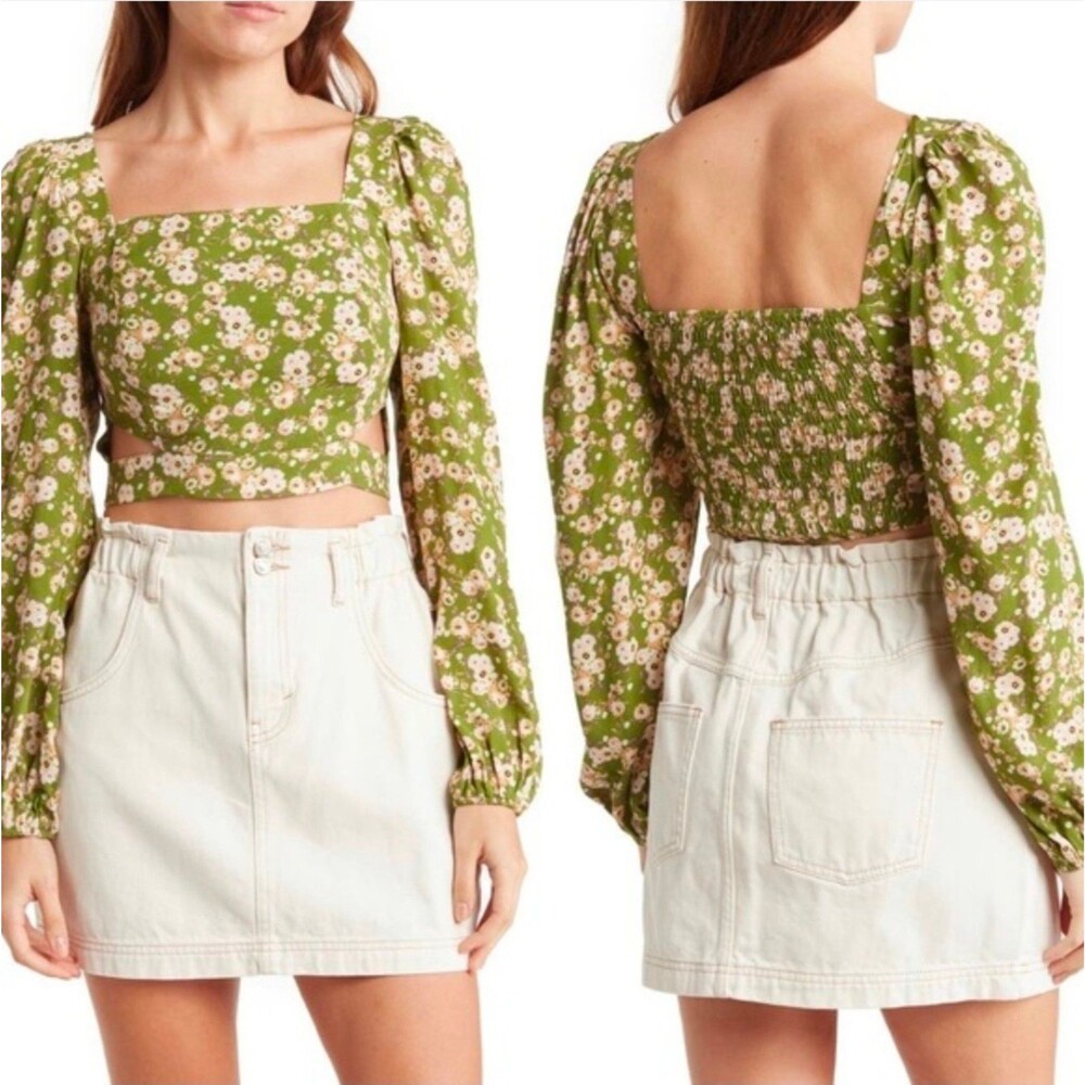 Elodie green and floral long sleeve crop top with side cutouts size large